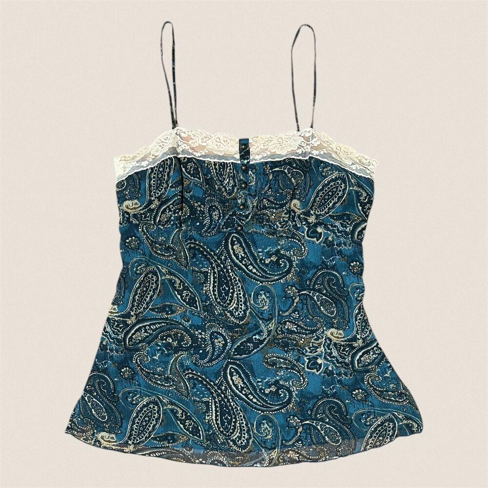 Y2K 2000s Blue Cream Paisley Spaghetti Strap Lace Cami Tank Top - Size Medium
